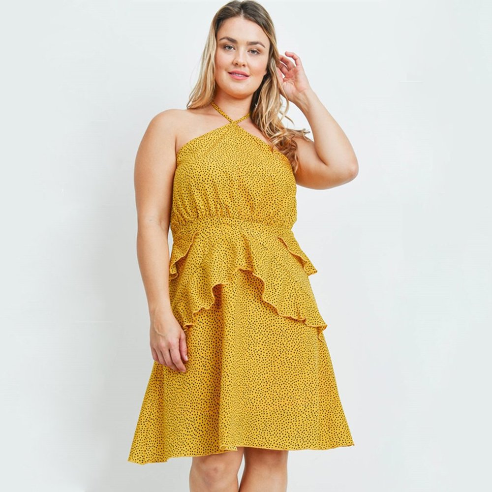 Plus Size Yellow Ruffle Waist Halter Dress